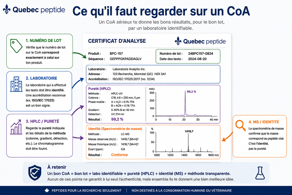 xemple annoté d'un certificat d'analyse pour un peptide de recherche, montrant les éléments clés à vérifier: numéro de lot, laboratoire accrédité, pureté par HPLC et identité par spectrométrie de masse