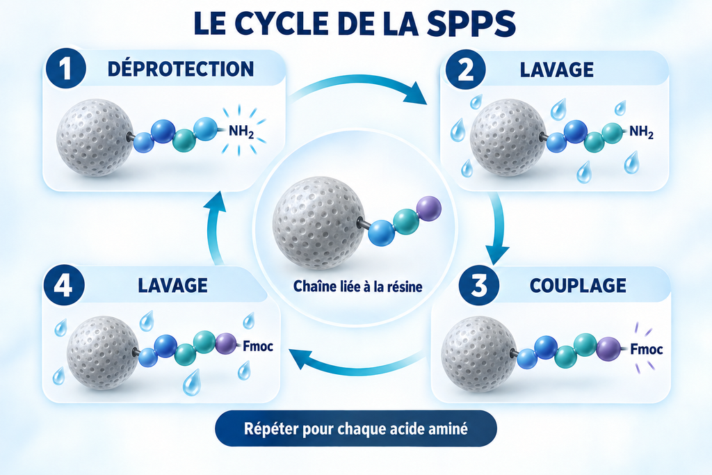 Comment fabrique-t-on un peptide synthétique : assemblage d’une chaîne d’acides aminés sur une résine
