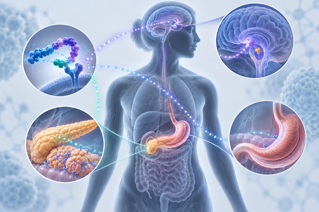 Sites d'action du récepteur GLP-1 dans le corps: cerveau, pancréas et système digestif