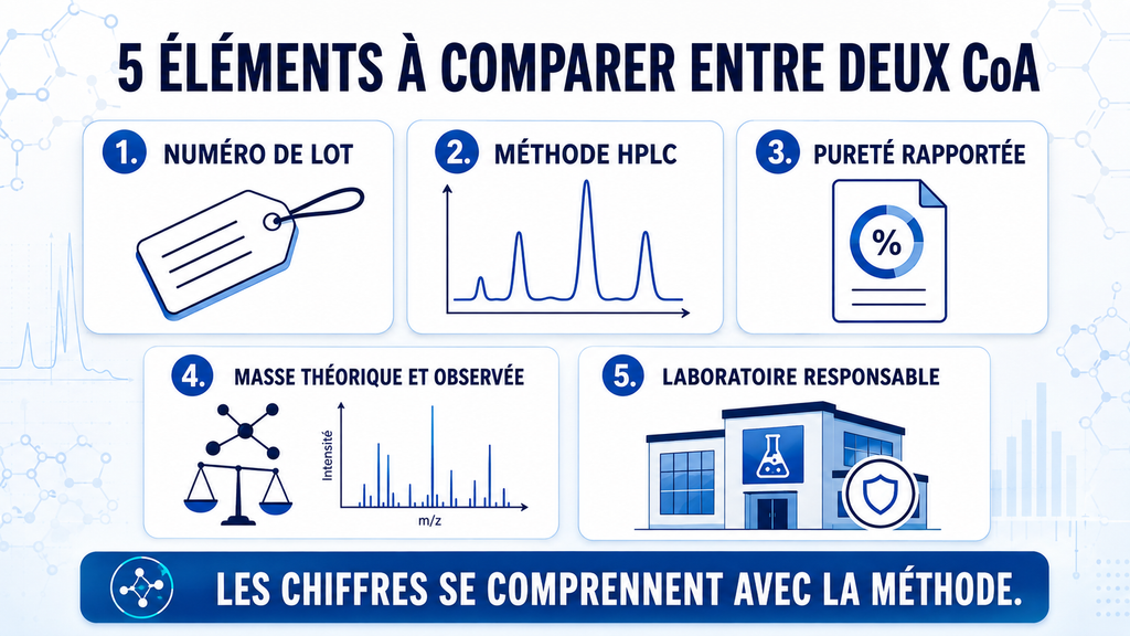 Comparer deux certificats d’analyse selon le lot, la méthode HPLC, la pureté, la masse et le laboratoire
